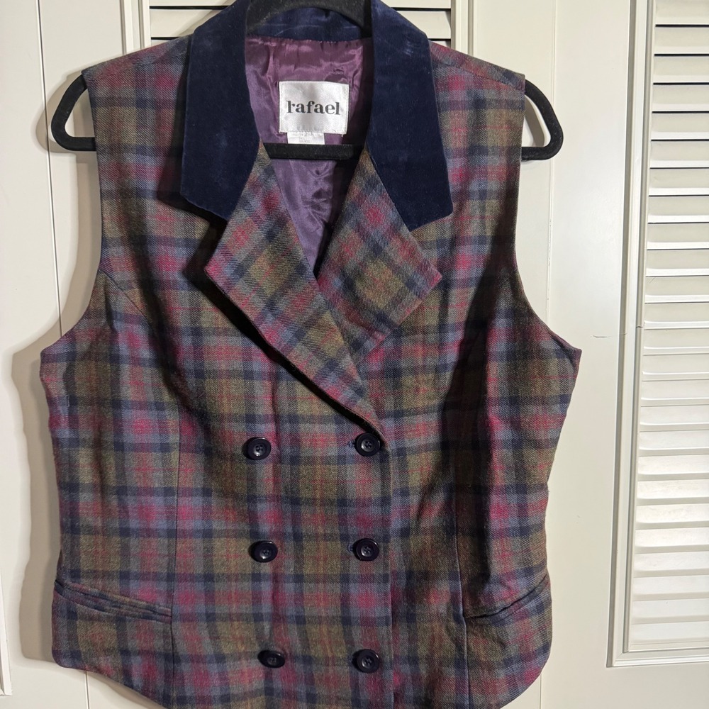 Vintage Rafael Wool Plaid Vest Double Breasted Velvet Collar Large Green Red